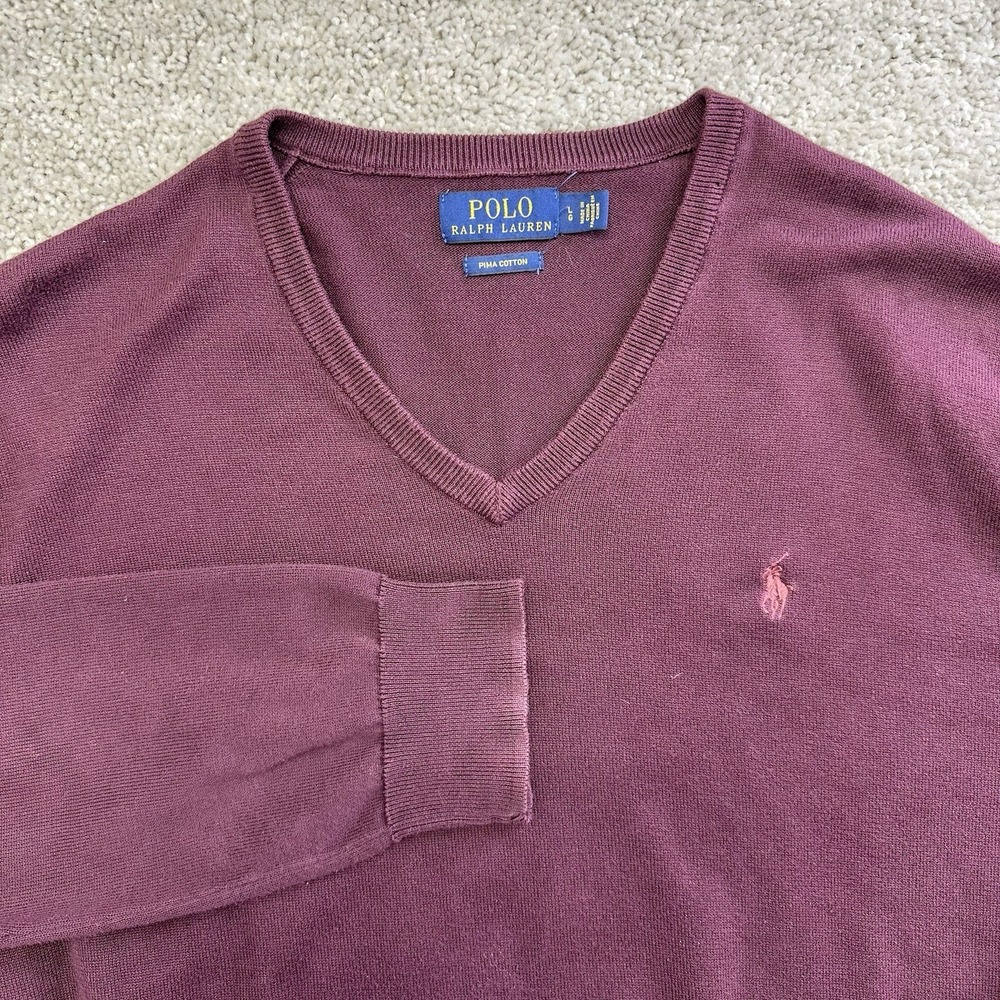 Polo Ralph Lauren Mens Knitted Pima Cotton Sweater V Neck Size Large Maroon
